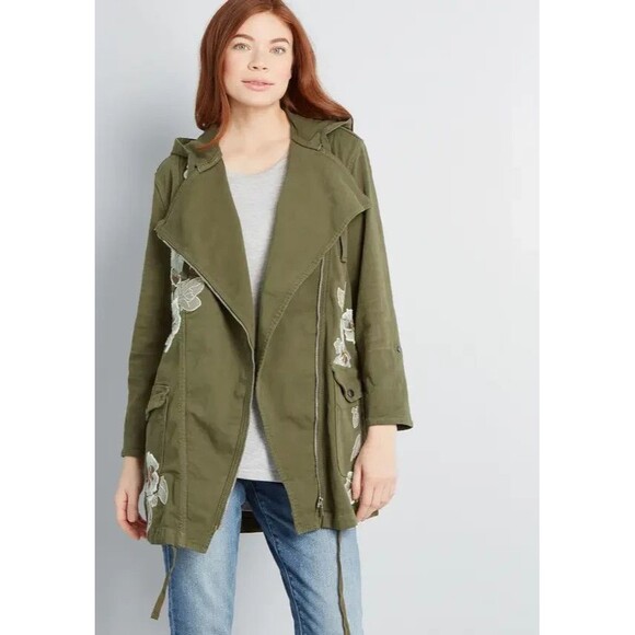 Driftwood Embroidered Floral Anorak Parka Jacket XS Olive Green Stretch Zip Up - Picture 1 of 9